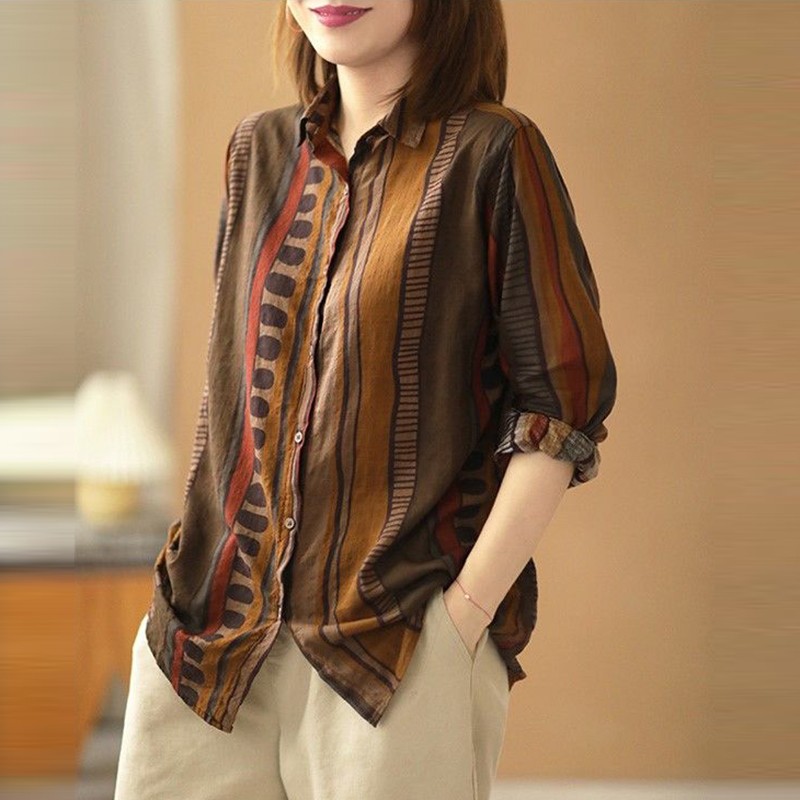 Women's Loose Printed Slim Cotton Linen Long Sleeve Shirt
