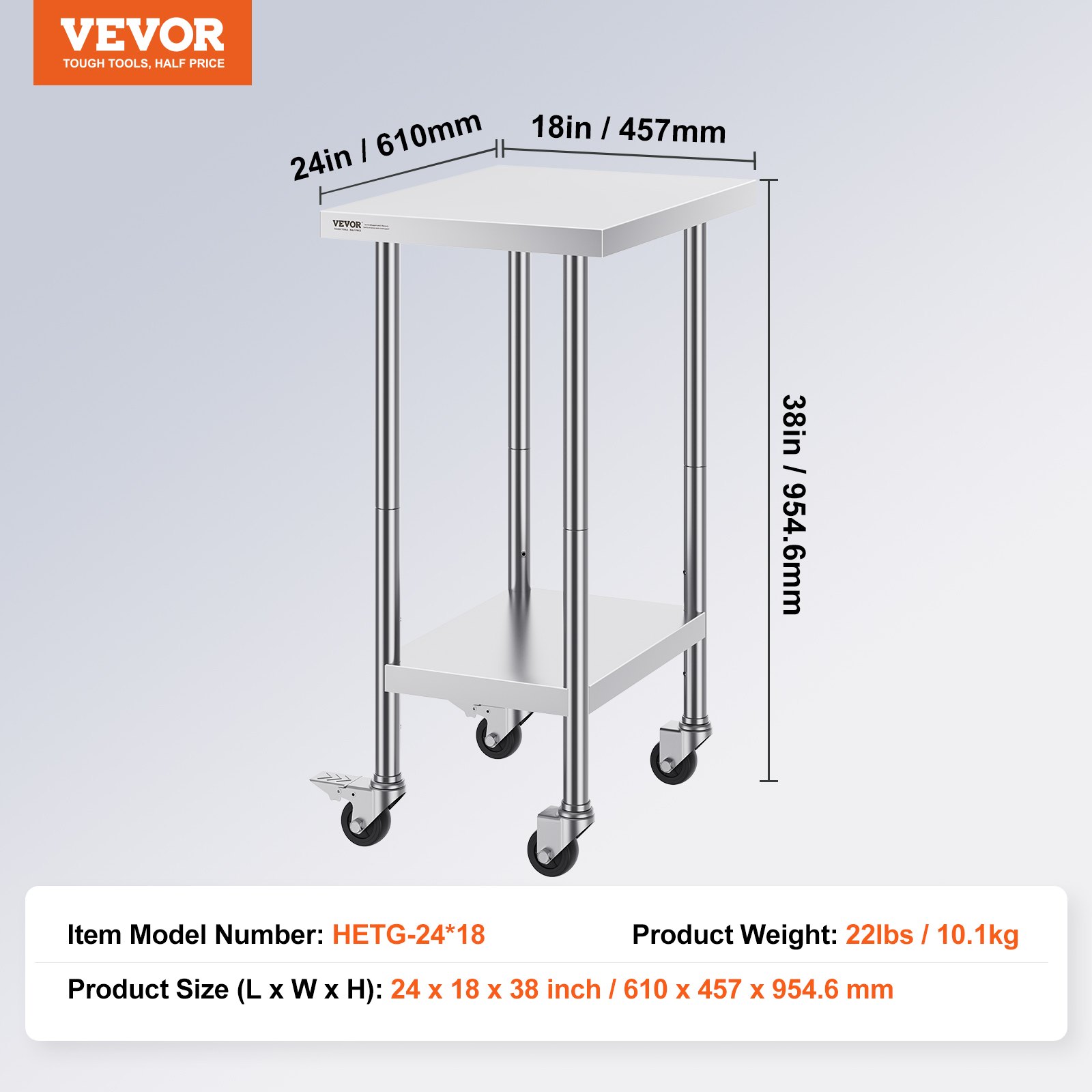VEVOR Stainless Steel Work Table 24 X 18 X 38 Inch, With 4 Wheels, 3 Adjustable Height Levels, Heavy Duty Food Prep Worktable For Commercial Kitchen Restaurant, Silver — foto 3