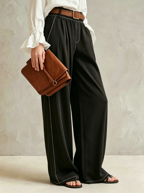 Bright Thread Contrasting Color, Elastic Waistband, Wide Leg Suit, Pants