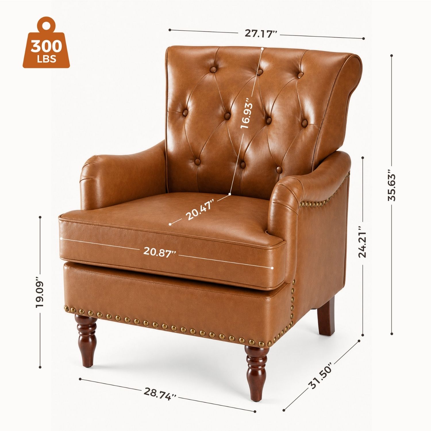 Nailhead Trim Faux Leather Accent Chair, Tufted Armchair For Bedroom And Study — foto 7