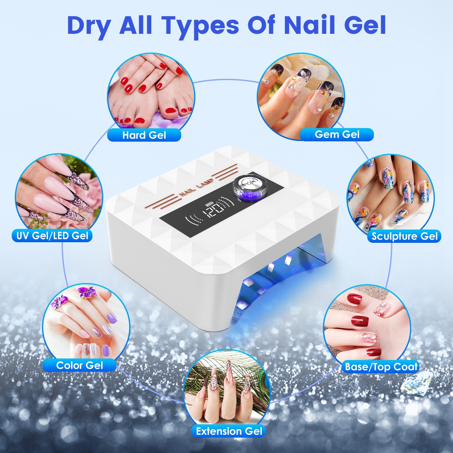 1Pc 120W Cordless UV Nail Lamp Rechargeable Gel Curing Lamp Gel Polish Light Nail Dryer With LED Display 1S To 120S Timer Settings 30 LED Beads For Salon And Home 6