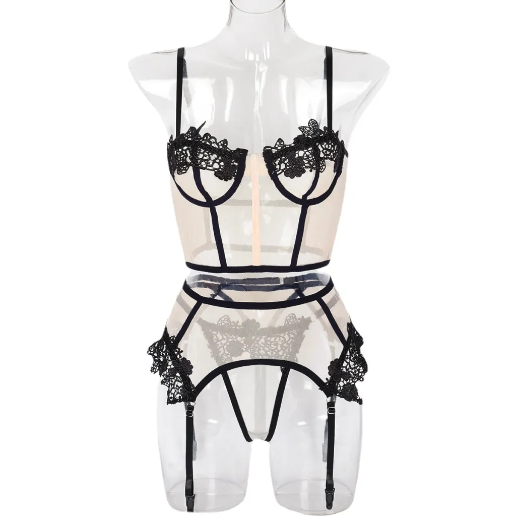 Women's New Mesh Embroidery Three Piece Set - Skin Color-L