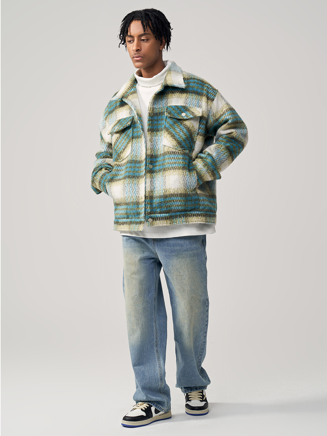 Sea Horse Hair Coarse Checked Shirt Jacket Loose Wool Clip Cotton