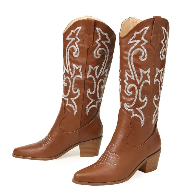 Vintage Medium Barrel Pointed Thick Heel Boots Brown - Shop at LoveMi