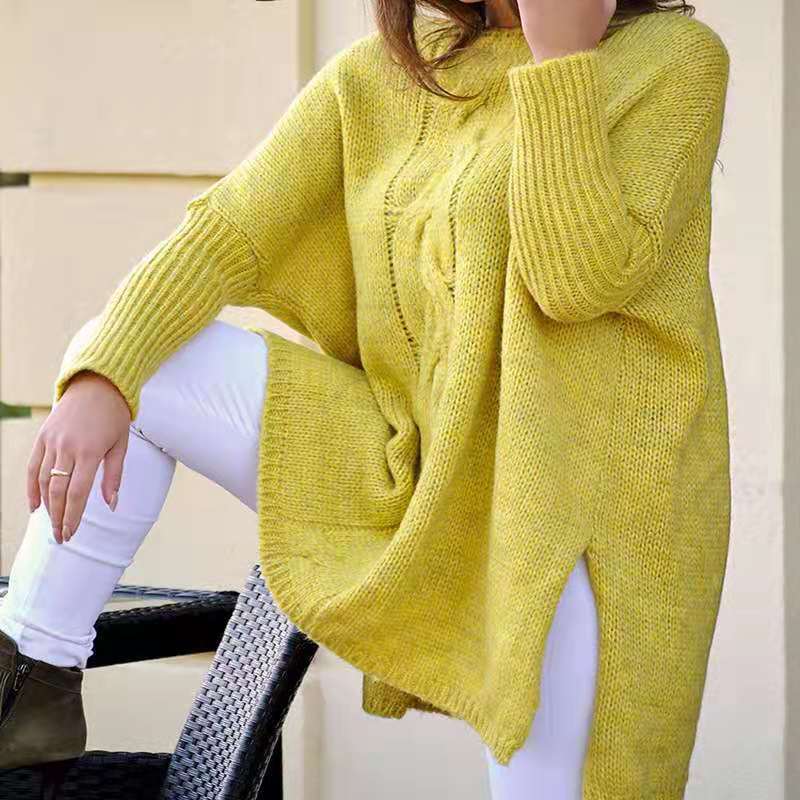 Split Hem Top Round Neck Loose Medium Length Sweater