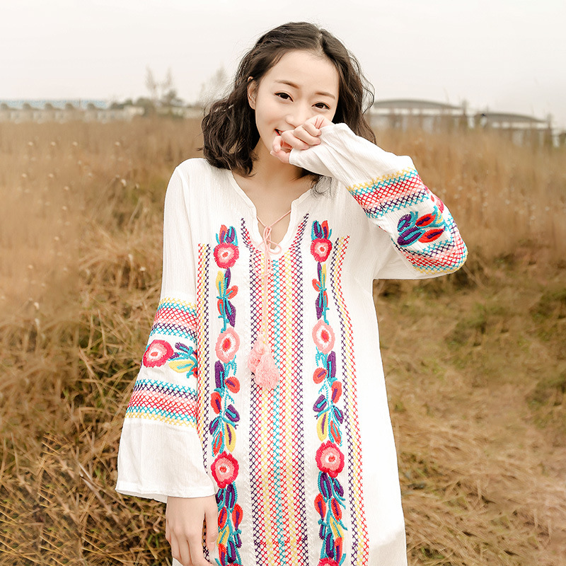 Embroidered Fringed V-Neck Dress, picture 3 of 5