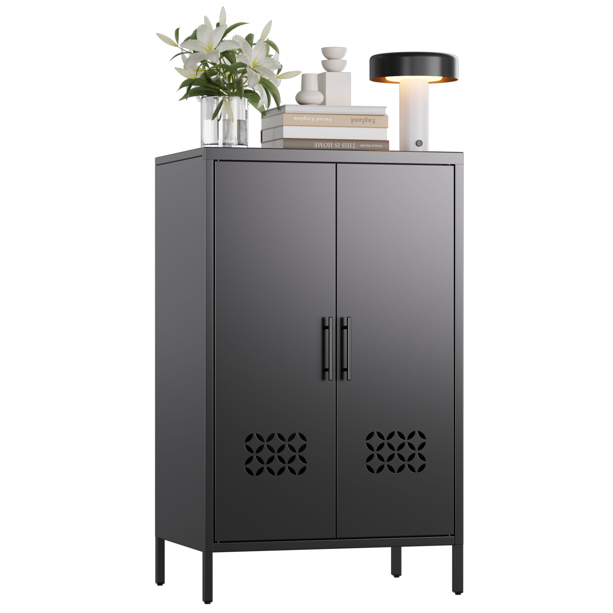 Metal Storage Cabinet With Adjustable Shelves,Metal Sideboard Cabinet With 2 Doors For Home,Office,Assembly Required,Black