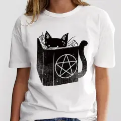 New Simple Cat Animal Cartoon Print Loose Round Neck Ladies White T-Shirt Short Sleeve - 3 Style - View 1