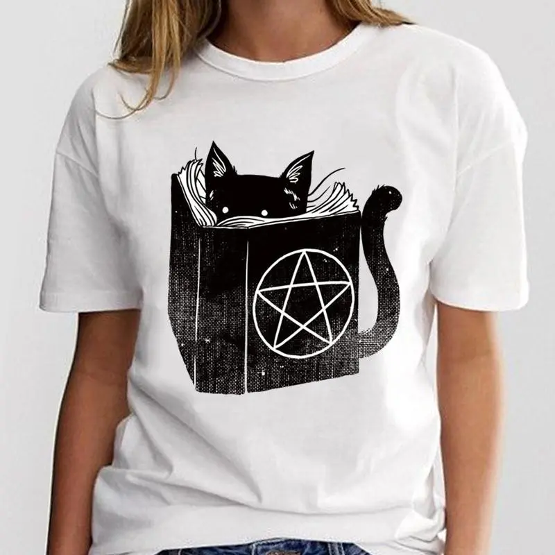 New Simple Cat Animal Cartoon Print Loose Round Neck Ladies White T-Shirt Short Sleeve - 3 Style