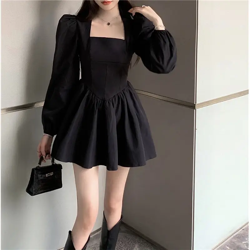 New French Retro Hepburn Square Neck Puff Sleeve Dress Women