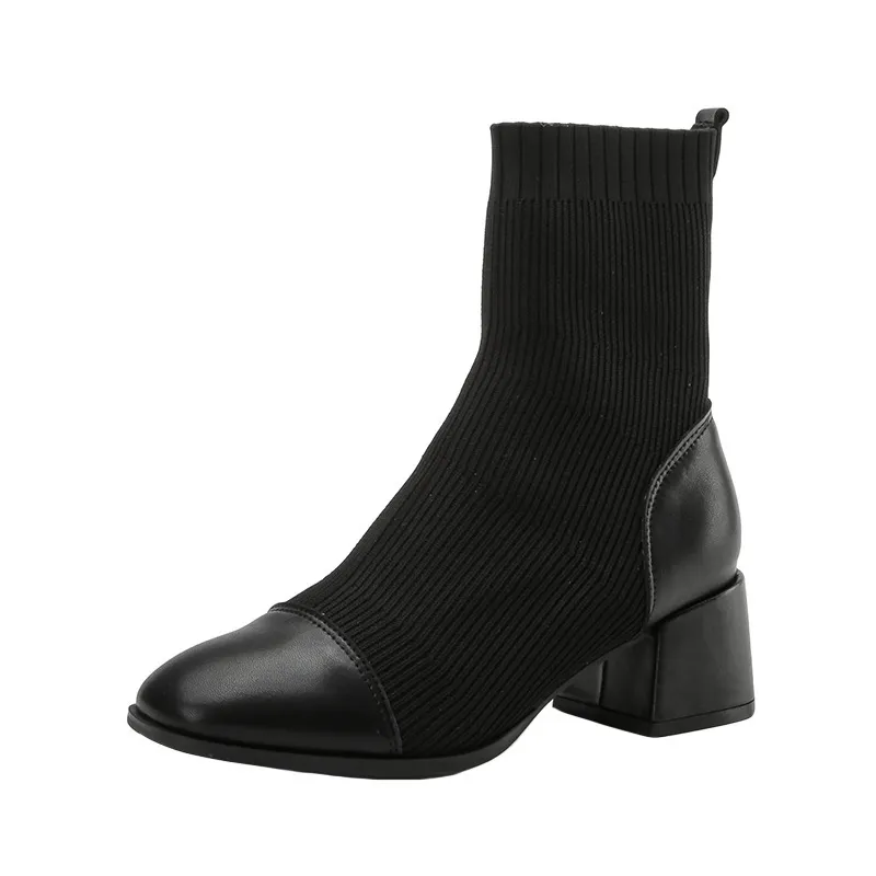 Net Celebrity Thin Socks Temperament Thick Heel Low Tube Martin Boots - Black