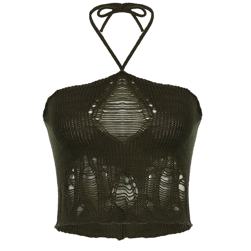 Irregular Cutout Halter Neck Tie Wool Vest Green - Shop at LoveMi