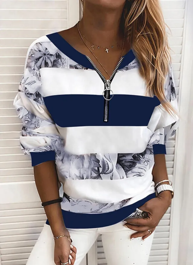 Striped Print Loose Sweatshirt Women Blue A - Shop at LoveMi