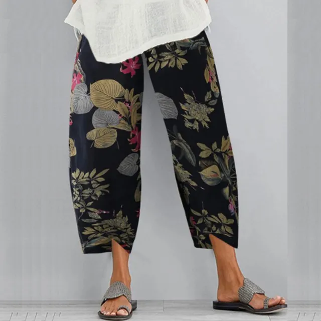 Fashion Cotton And Linen Printed Elastic Plus Size Cropped Trousers Navy Blue - Shop at LoveMi