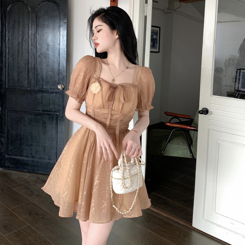 Title 2, Puff Sleeve Short Skirt Waist Slimming Dress Pe...