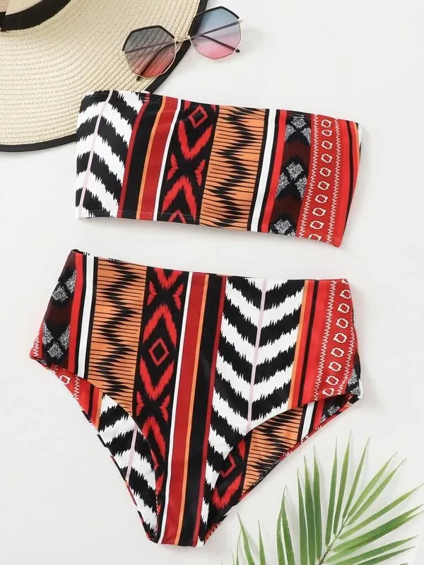 Women's Printed Bikini Split Tie High Waist Swimsuit Black - Shop at LoveMi