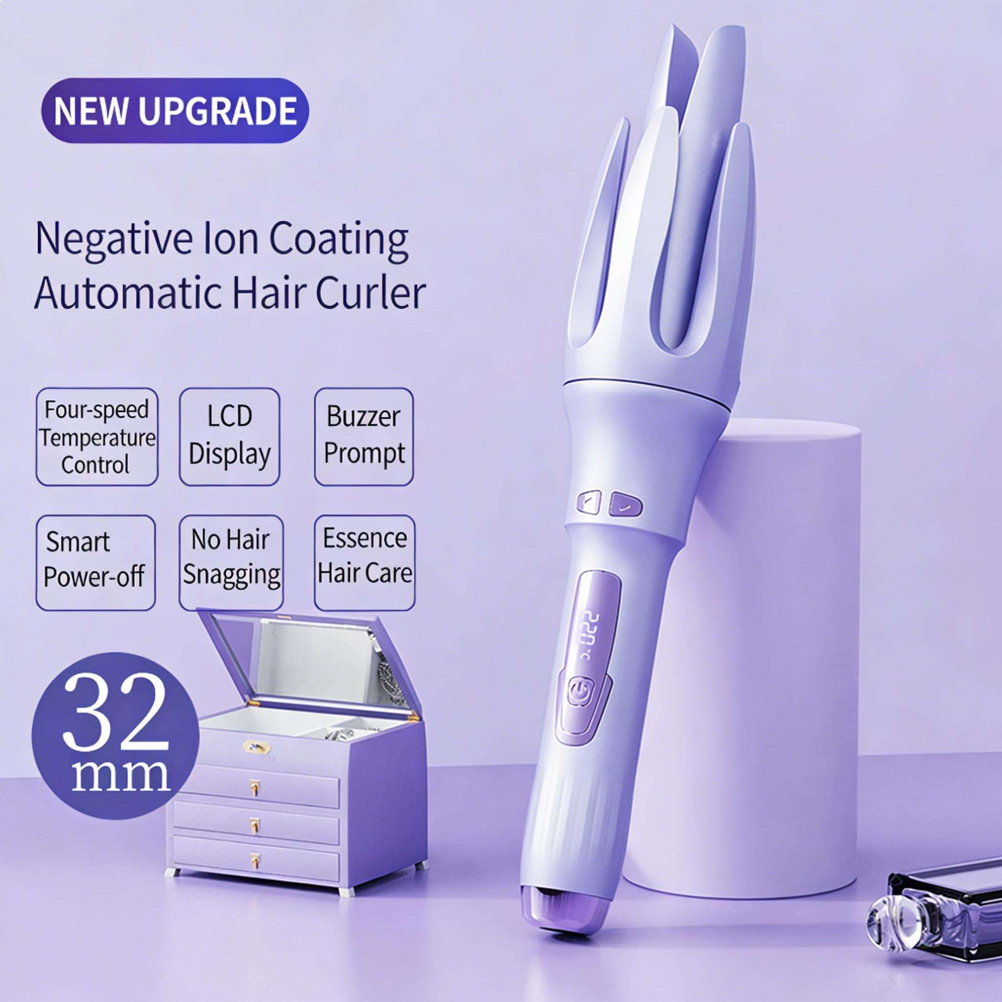 32mm Ceramic Glaze Auto Curler , 110V-240V Dual Voltage , 4 Temperature Settings & Auto Shut-Off , Safe Styling For Smooth Curls , Daily Hair Styling Tool