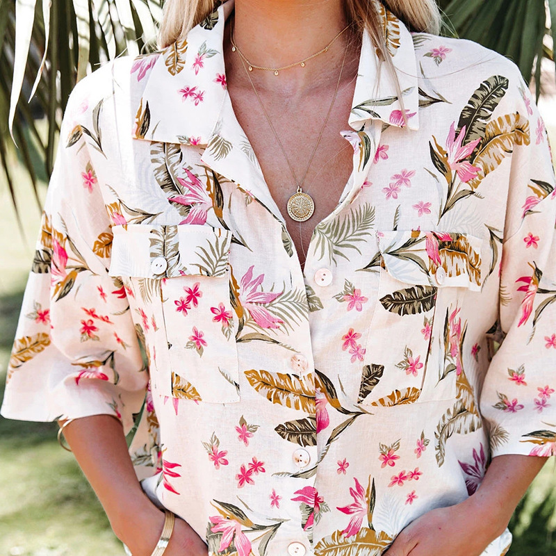 Single-Breasted Casual Loose Shirt With Printed Lapel Sleeve Pockets