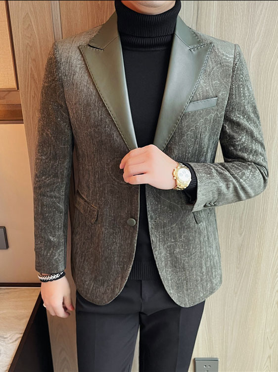 Jacquard Velvet Leather Lapel Men's Blazer