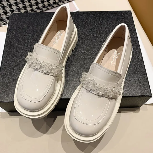 British Style Retro Big Head Doll Shoes High heel Loafers Beige - Shop at LoveMi