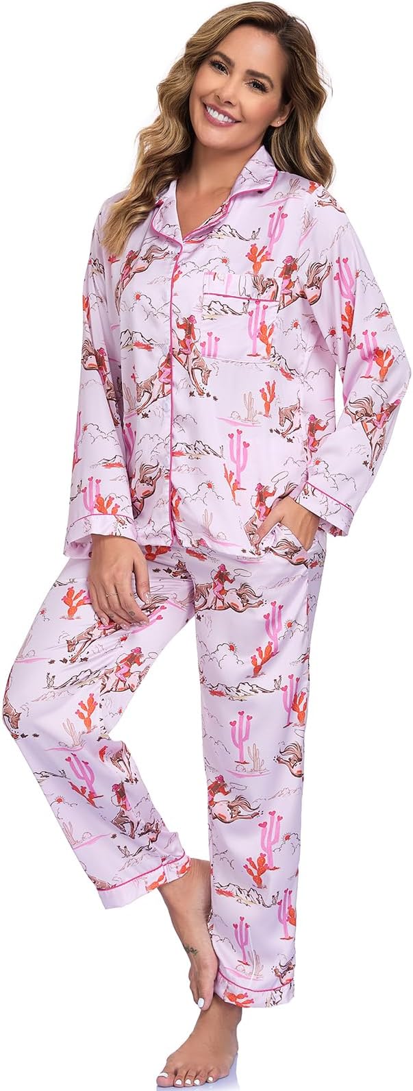 RONGTAI Womens Pajama Sets Button Down Long Sleeve Lapel Shirt With Pocket — image 6
