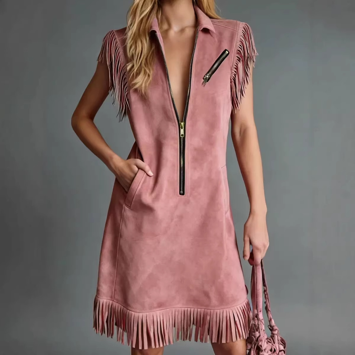 Western Style Faux Suede Fringe Sleeveless Dress With Collar & Zipper