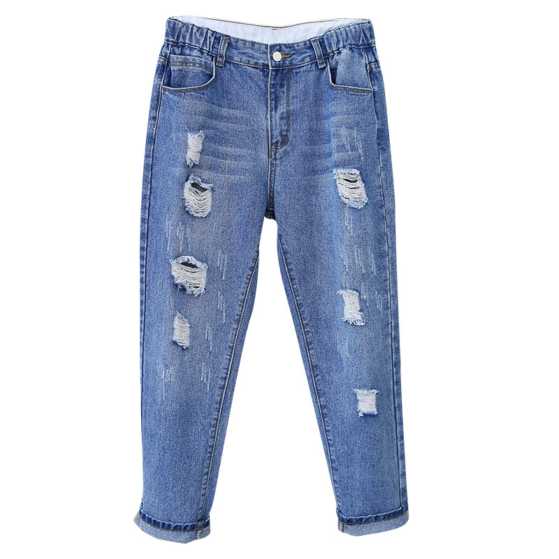 Women's High Waist Pants Plus Size Jeans With Ripped Holes