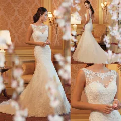Fishtail Wedding Dress Sleeveless Lace Evening Dress - White - View 1