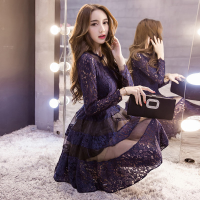 spring autumn women's new Korean long sleeve dress, women Shahe lace bottoming skirt skirt tide