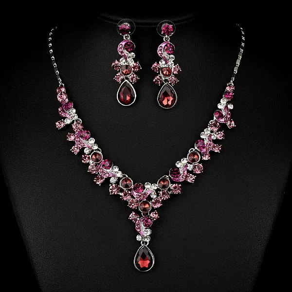 Western Wedding Photography Wedding Bride Necklace Earrings Simple Two Piece Suite Imported Transparent Diamond Jewelry Purple - Shop at LoveMi