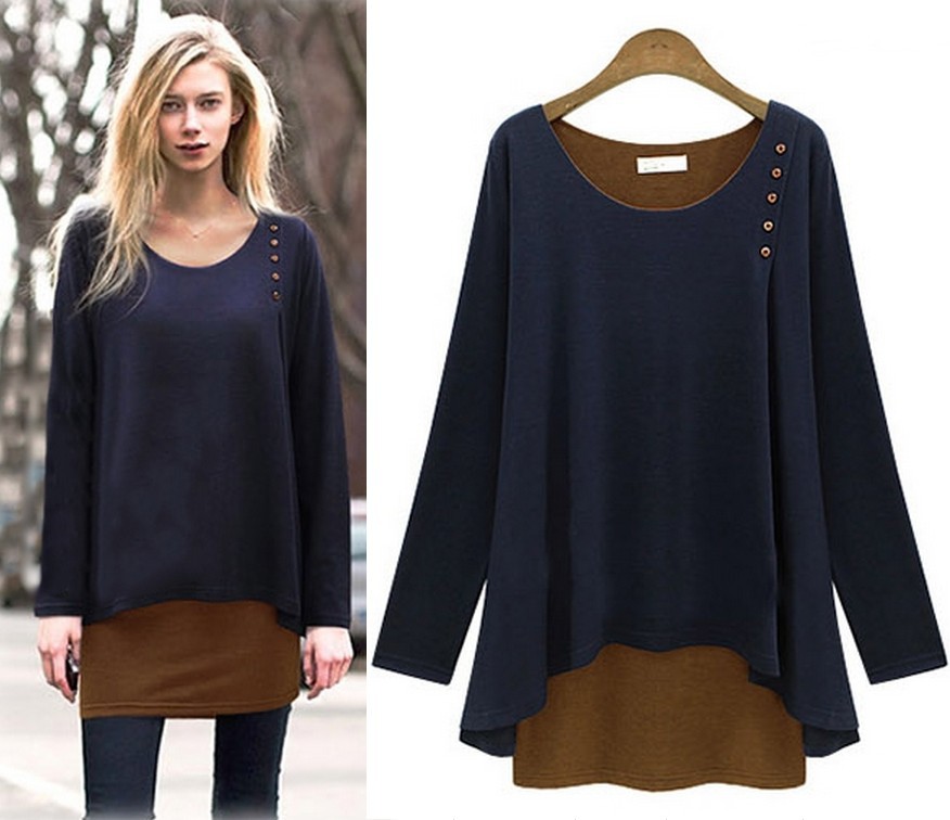 EBAY Amazon Europe large size women fall loose modal false two piece long sleeved T-shirt AD1796