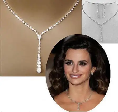 C192 New Europe simple bride Rhinestone Necklace ear suit of wedding jewelry sweater chain - Shop at LoveMi