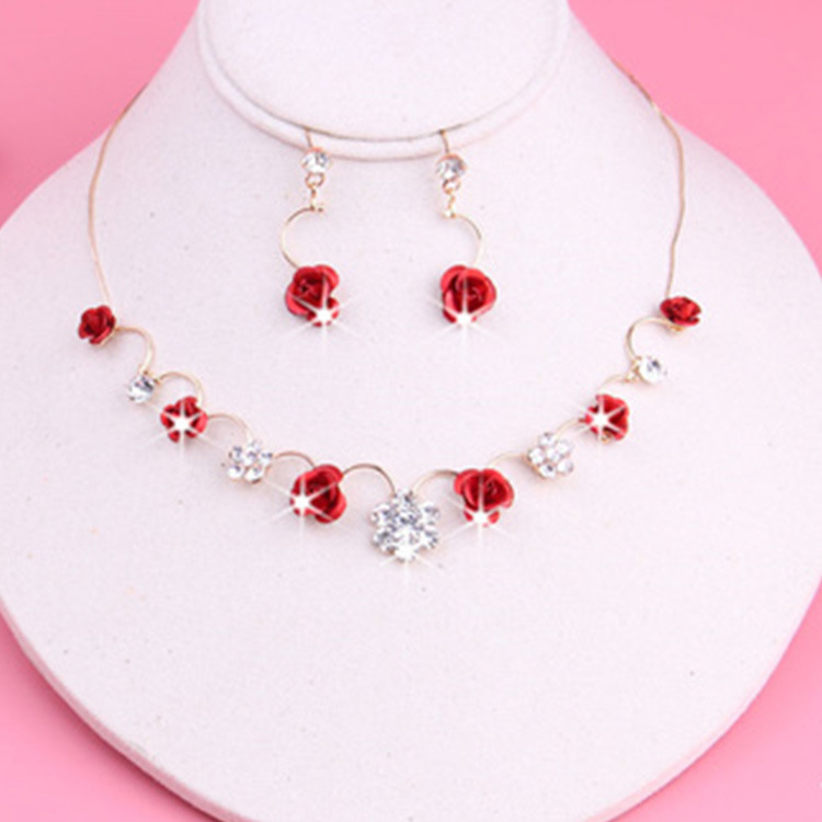 Korean small clear new bride red rose necklace, earrings, suit dress and accessories Default - Shop at LoveMi