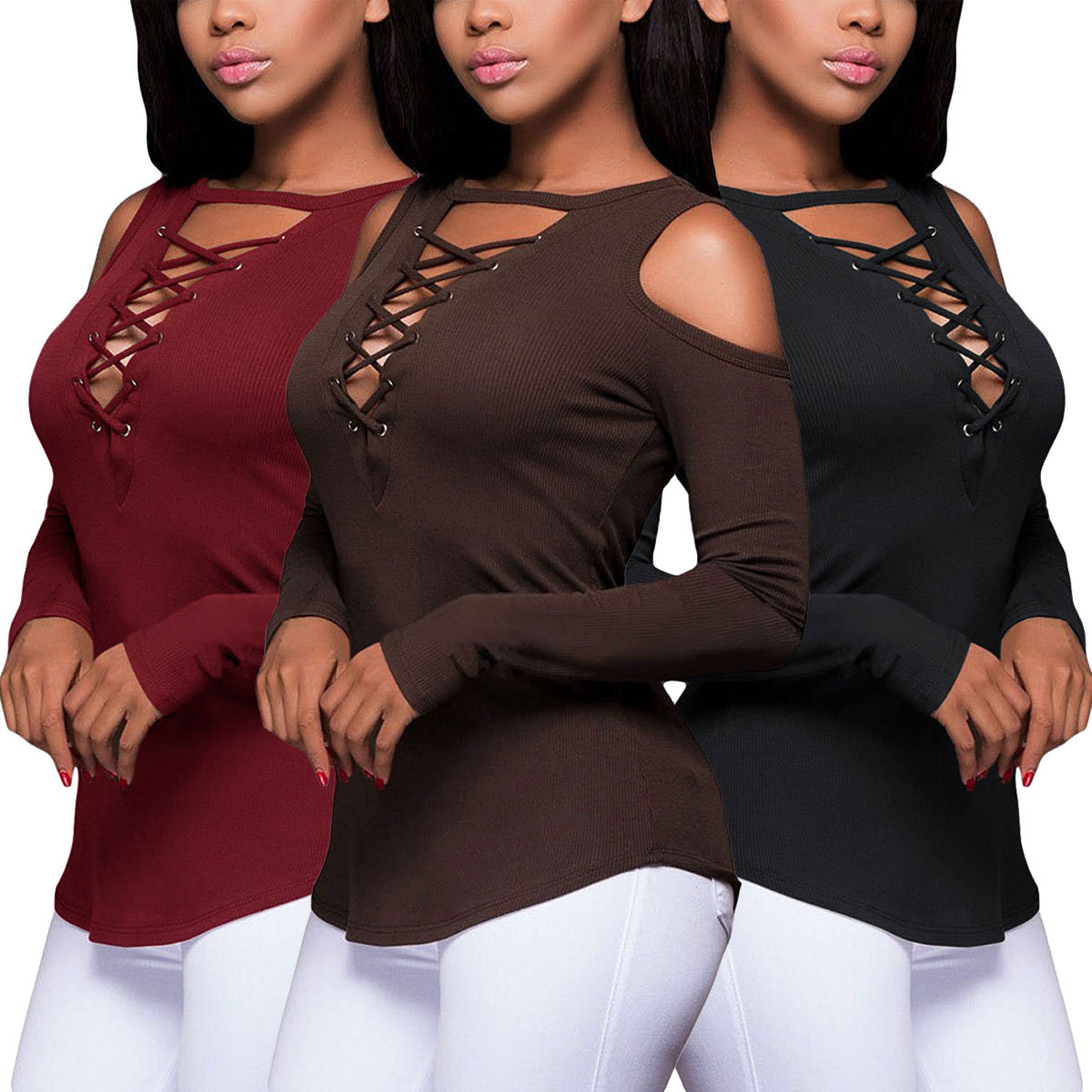EBay Amazon Hot Explosion Models Strapless Cross Lacing Long Sleeved Shirt T-shirt And Deep V Female AM004