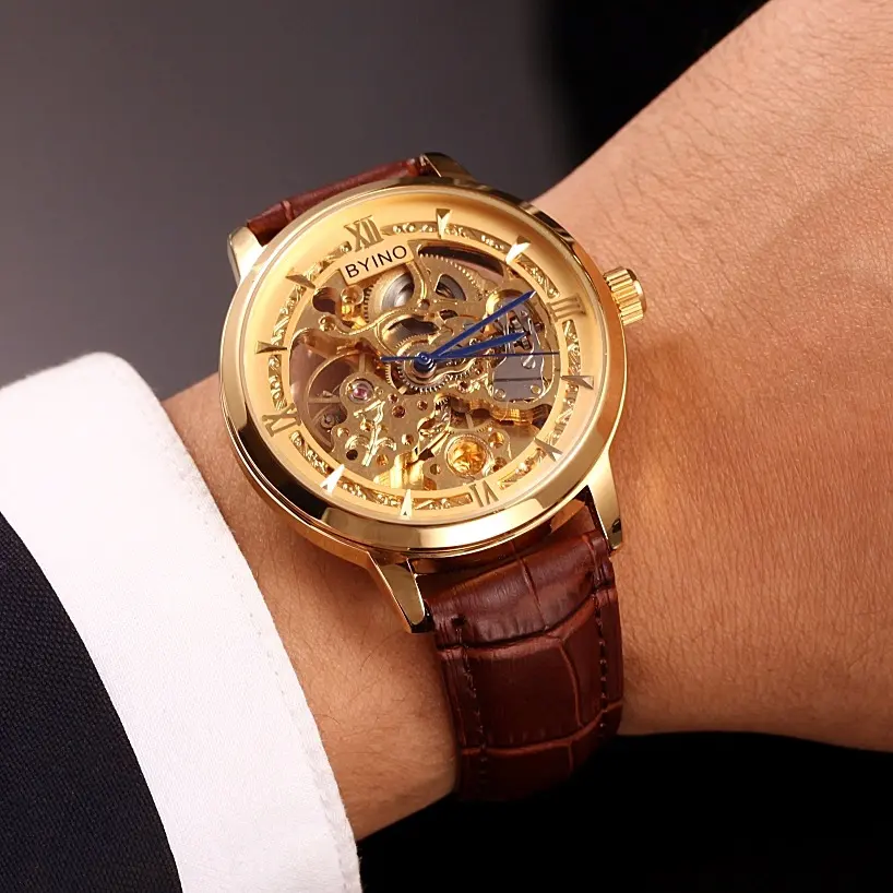 Authentic Mens Casual Leather Hollowing Automatic Mechanical Watches Through