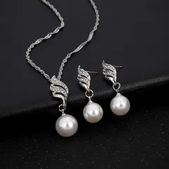 Europe and the United States explosion models accessories bride accessories Pearl Diamond Necklace Set Earrings wavy lines - Silver - View 1