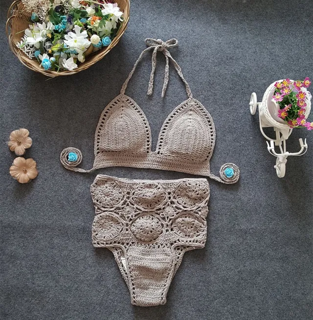 European and American foreign trade new high waisted swimsuit color crochet hook flower lady hollow split bikinis suit Gray - Shop at LoveMi