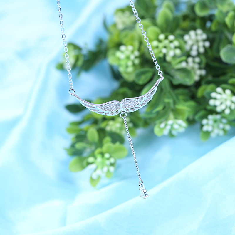 S925 Sterling Silver Necklace Korean fashion zircon Diamond Pendant Necklace Silver Angel Wings wholesale manufacturers