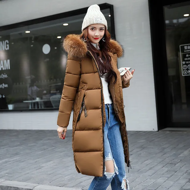 The New Cotton Padded Winter Long Big Girls Slim Korean Fur Collar Size Feather Padded Female Thickening Caramel Colour Xxl - Shop at LoveMi