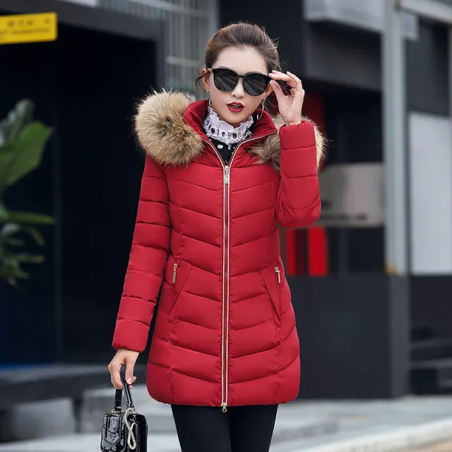 Mid length Slim Cotton Jacket Large Fur Collar Down Jacket Gules Xxl - Shop at LoveMi
