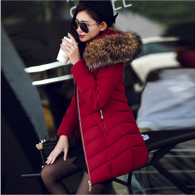 Mid length Slim Cotton Jacket Large Fur Collar Down Jacket Wine - Shop at LoveMi