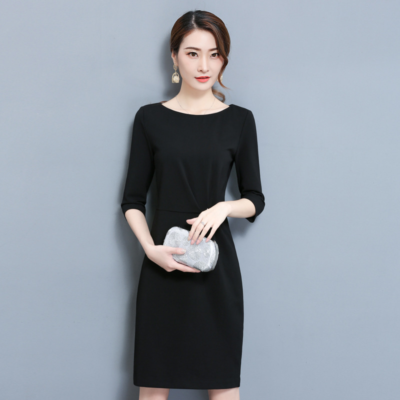 Round neck pleated hip mid-sleeve professional dress