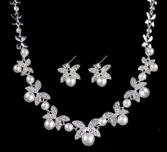 B0879 bride wedding jewelry accessories fashion diamond pearl necklace earrings set leaves the atmosphere - View 1