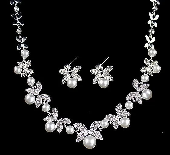 B0879 bride wedding jewelry accessories fashion diamond pearl necklace earrings set leaves the atmosphere - Shop at LoveMi