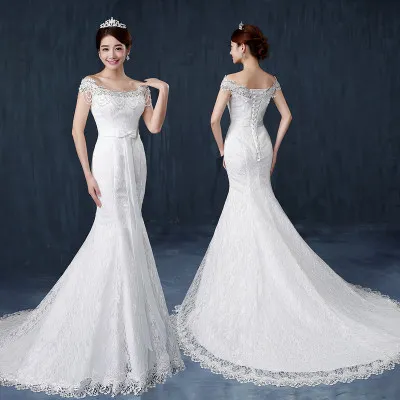 Fishtail wedding bride wedding dress one word shoulder slim slimming small trailing studio wedding dress White - Shop at LoveMi