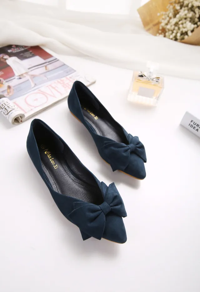 Suede Bow Decoration Pointed Toe Ballet Slip on Shoes Blue - Shop at LoveMi