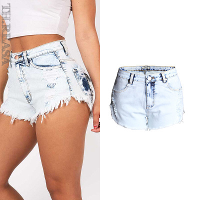 Ripped jeans women's high waist light color white worn off washed wool denim shorts Light Blue - Shop at LoveMi