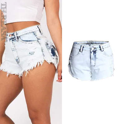 Ripped jeans women's high waist light colour white worn off washed wool denim shorts - Blue