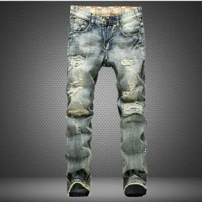 Men's Shredded Nostalgic Jeans Flag Bottom Cloth More Worn