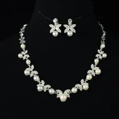 Korean bride pearl Clover Necklace Earrings Set Wedding jewelry accessories factory - White - View 1